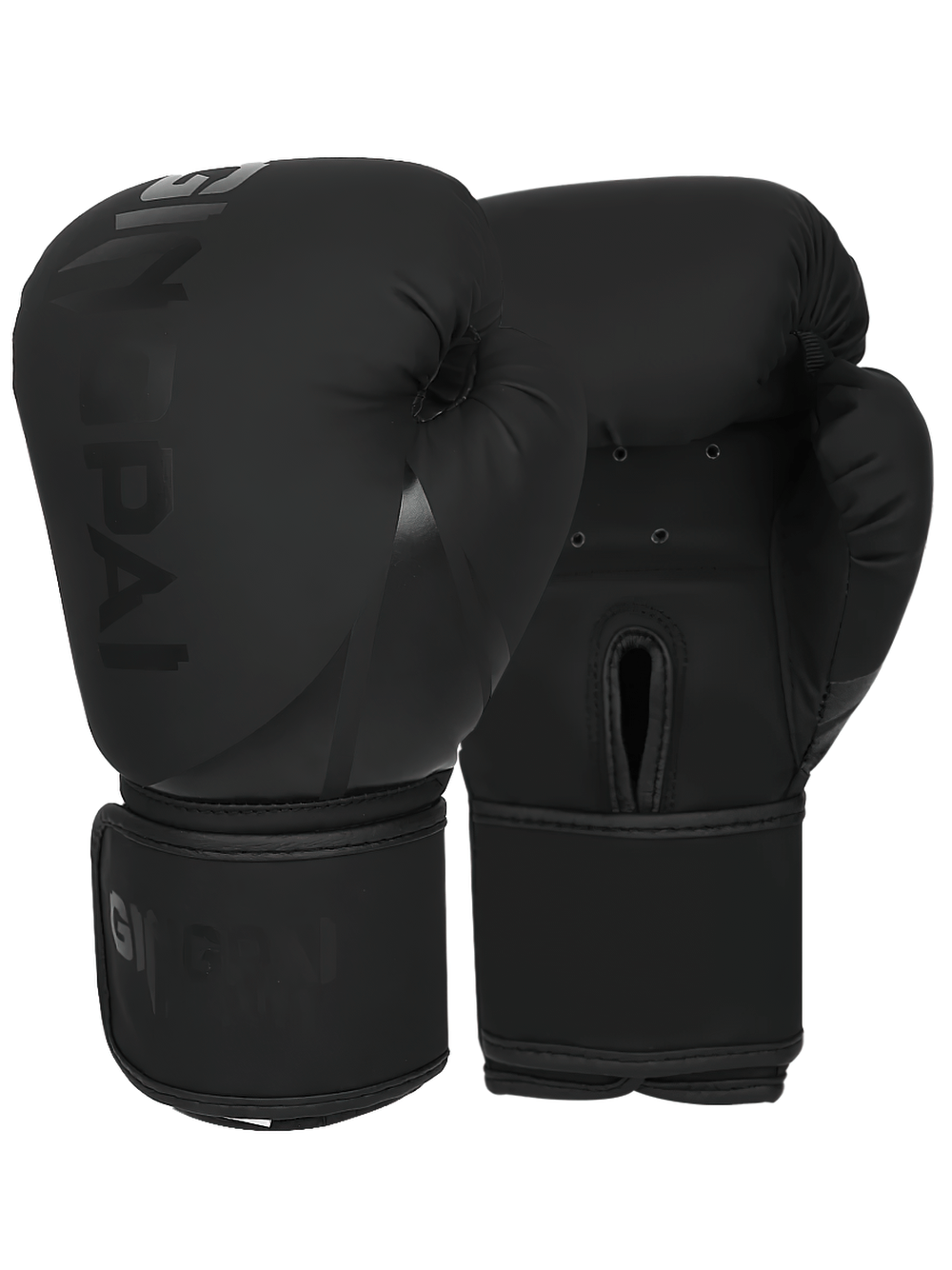 Black breathable PU leather boxing gloves with palm vents and hook-and-loop closure, ideal for sparring and fitness, unisex design.